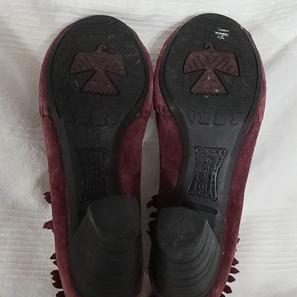 Born Burgandy Leather Moccasin Style Fringed Heeled Booties Size‎ 6.5 EUC